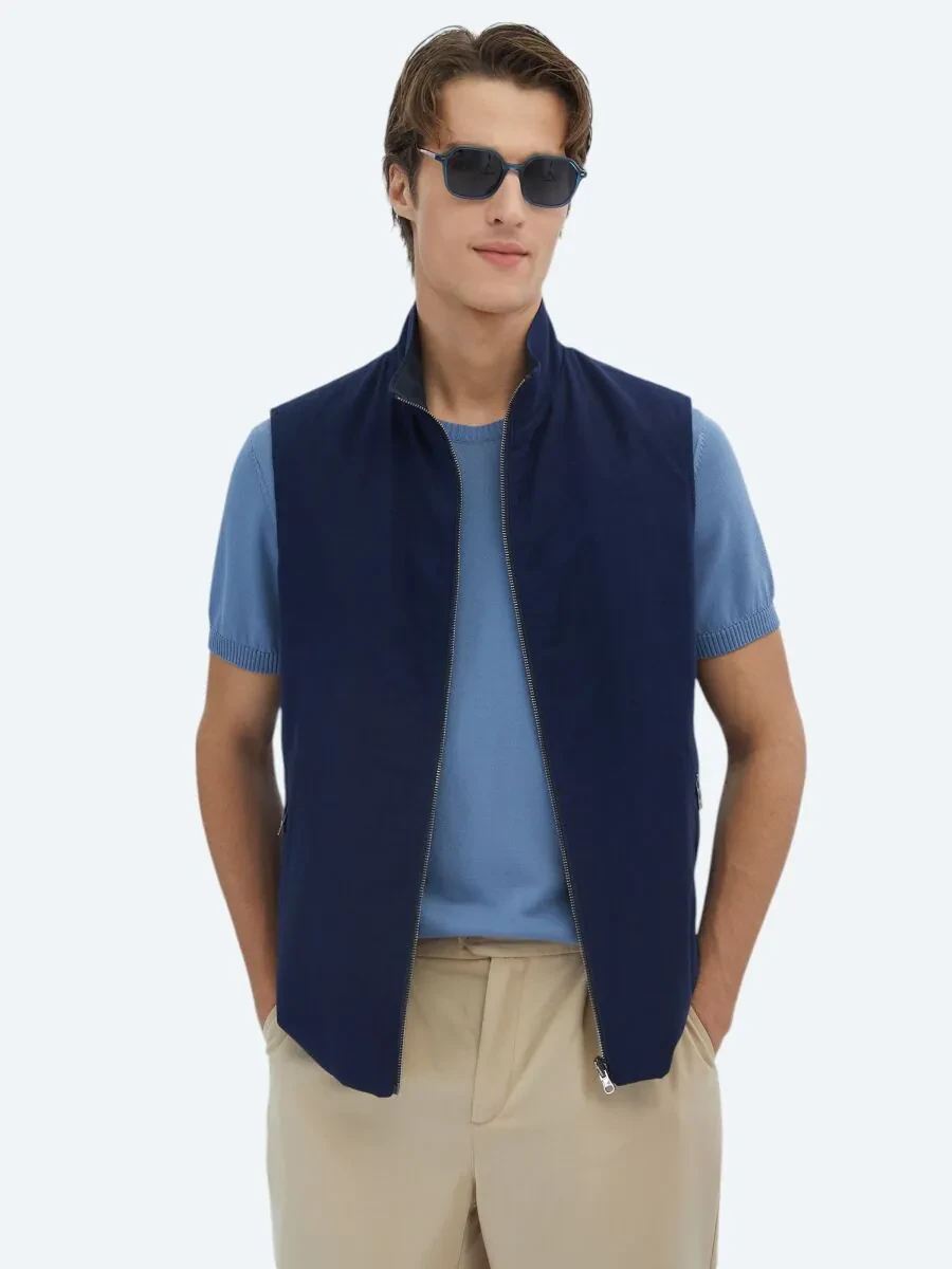 Navy Blue Cotton Blended Weaving Puffer Vest - 1