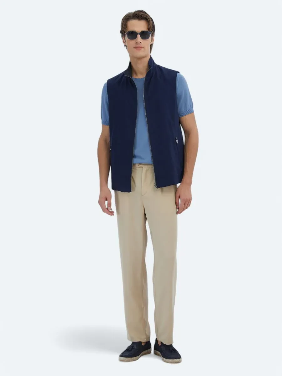 Navy Blue Cotton Blended Weaving Puffer Vest - 2