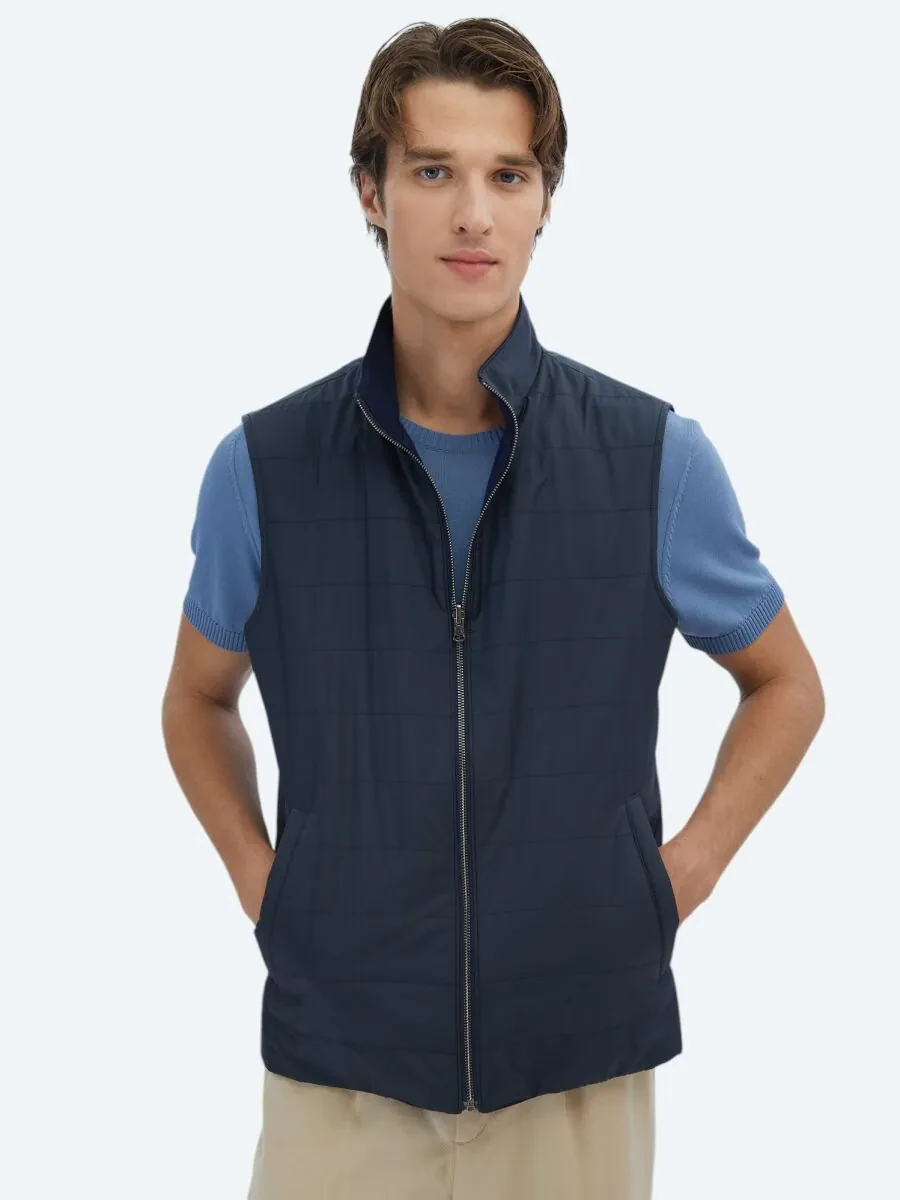 Navy Blue Cotton Blended Weaving Puffer Vest - 3