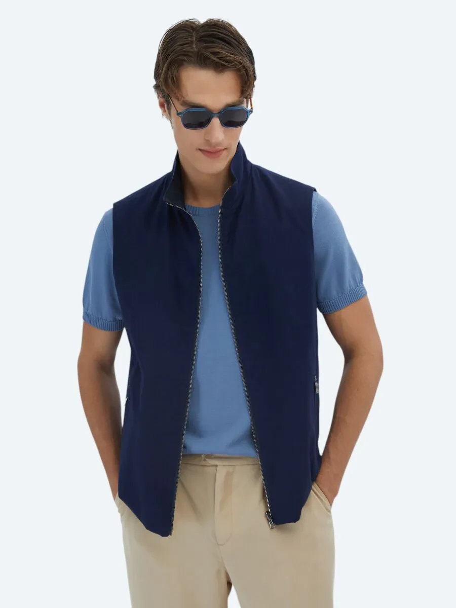 Navy Blue Cotton Blended Weaving Puffer Vest - 4
