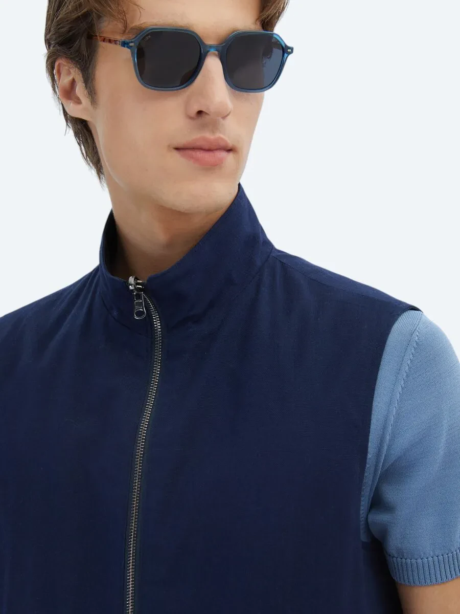 Navy Blue Cotton Blended Weaving Puffer Vest - 5