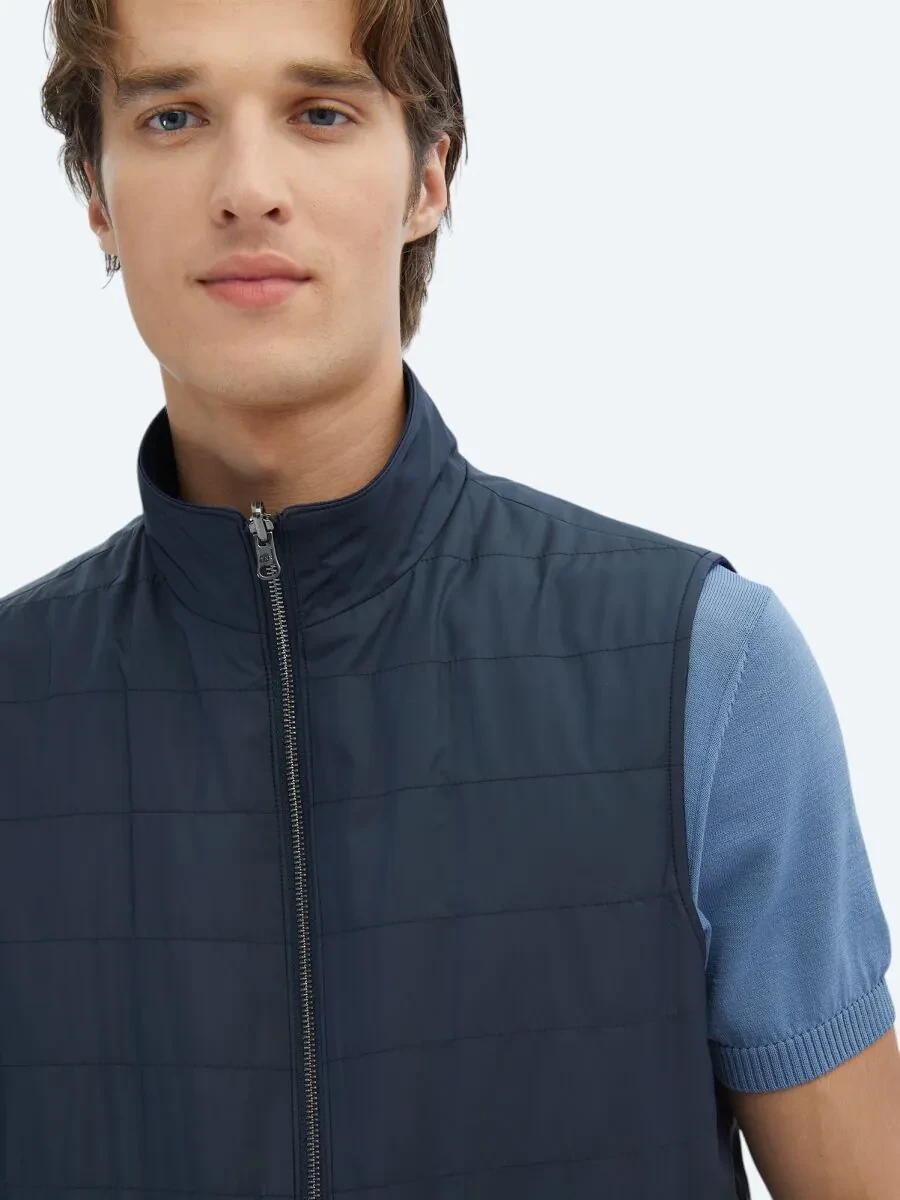 Navy Blue Cotton Blended Weaving Puffer Vest - 6