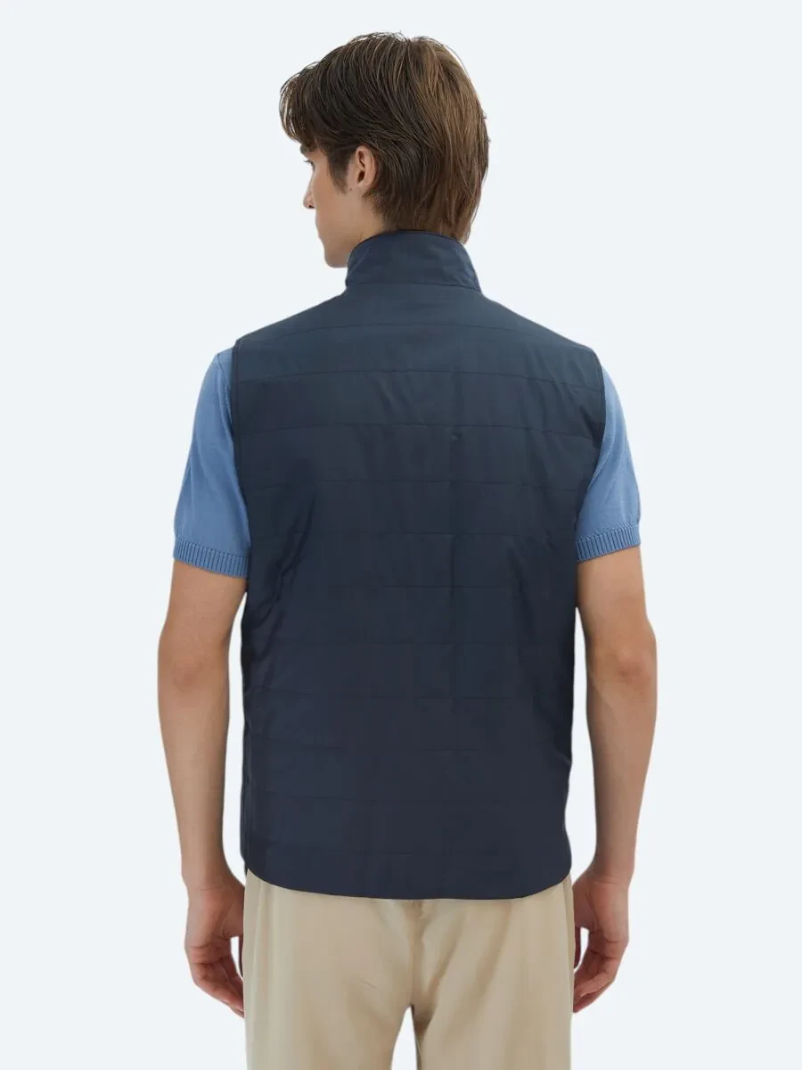 Navy Blue Cotton Blended Weaving Puffer Vest - 8