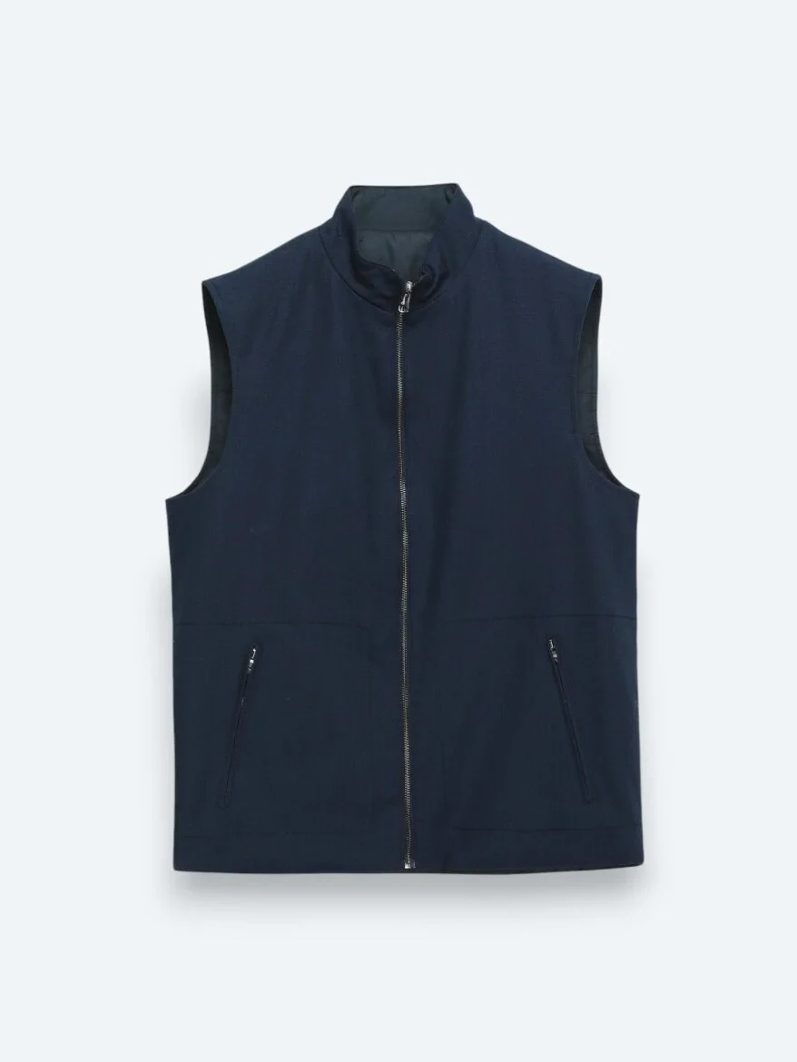 Navy Blue Cotton Blended Weaving Puffer Vest - 9