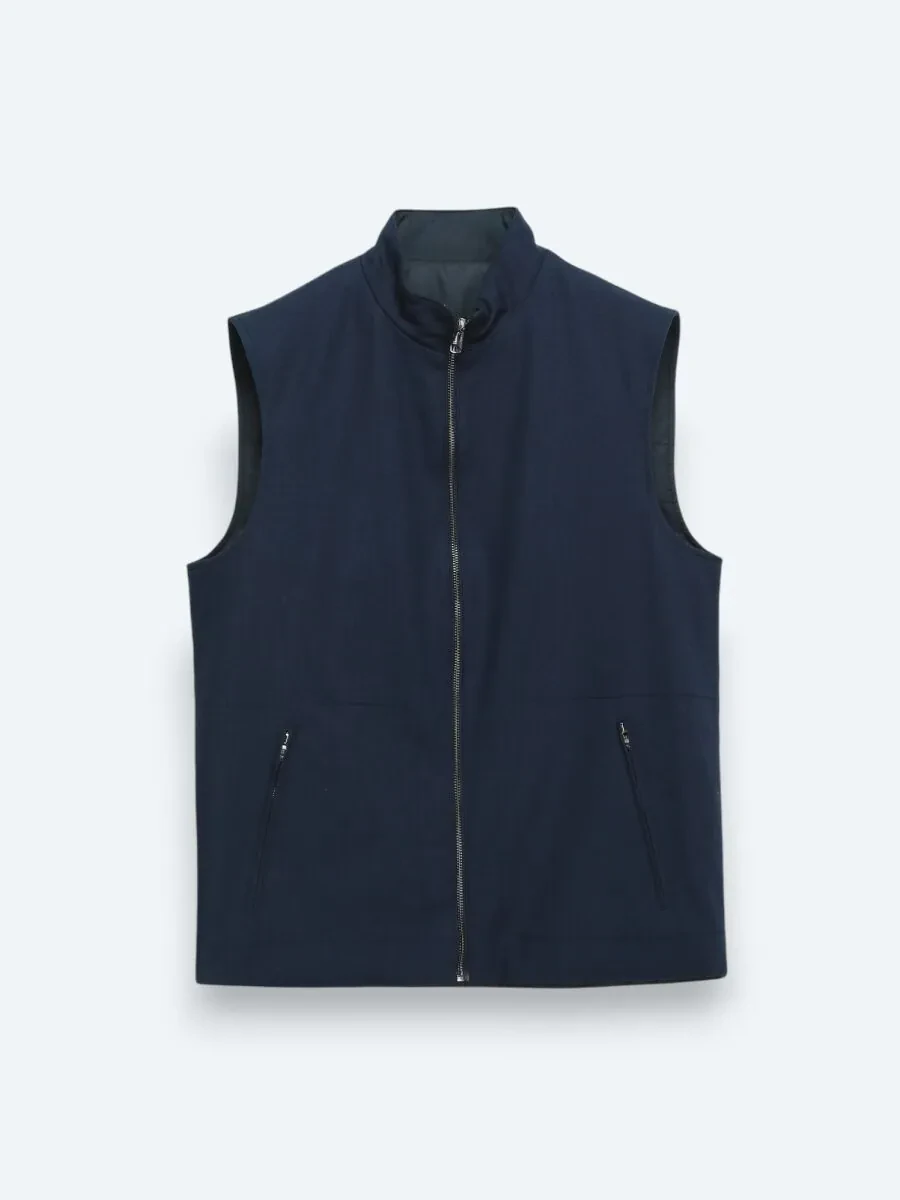 Navy Blue Cotton Blended Weaving Puffer Vest - 9