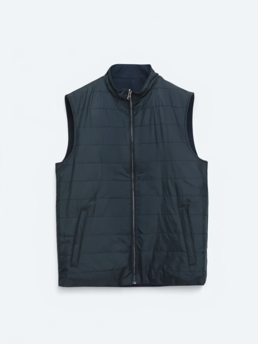Navy Blue Cotton Blended Weaving Puffer Vest - 10