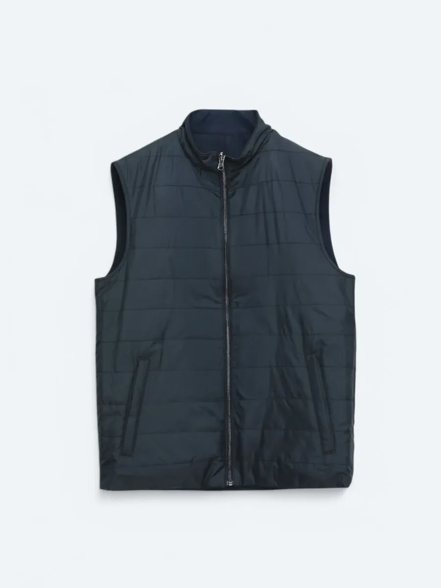 Navy Blue Cotton Blended Weaving Puffer Vest - 10