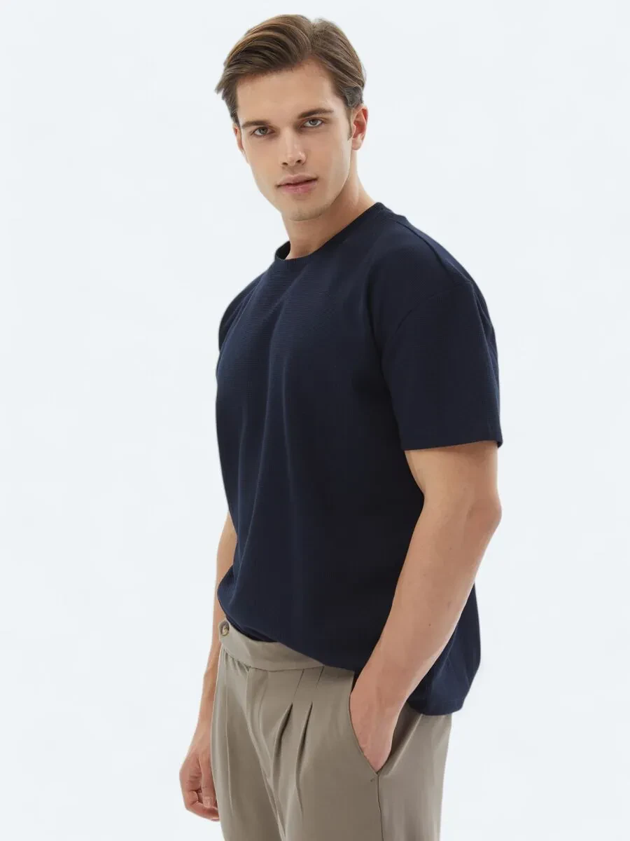 Navy Blue Crew Neck 100% Cotton T-Shirt - 1