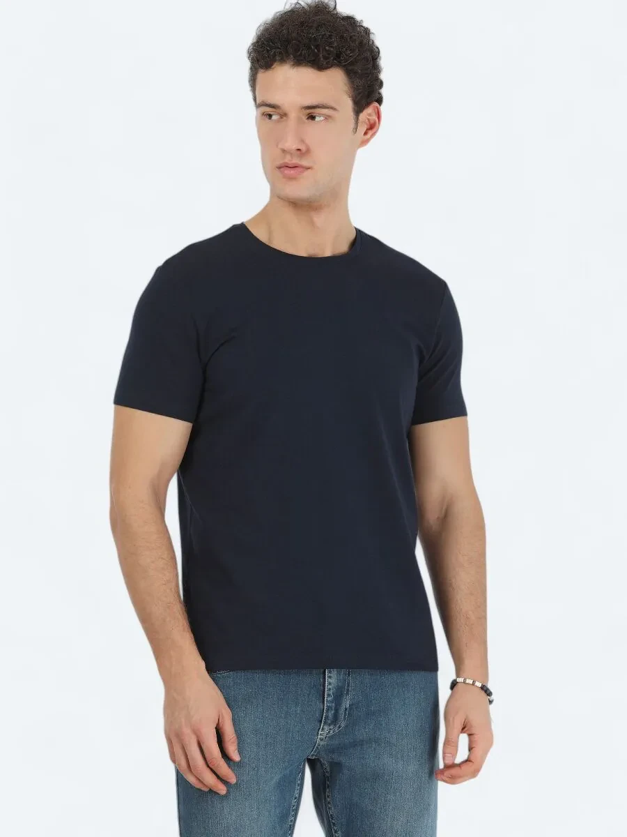 Navy Blue Crew Neck Cotton Blended T-Shirt - 1