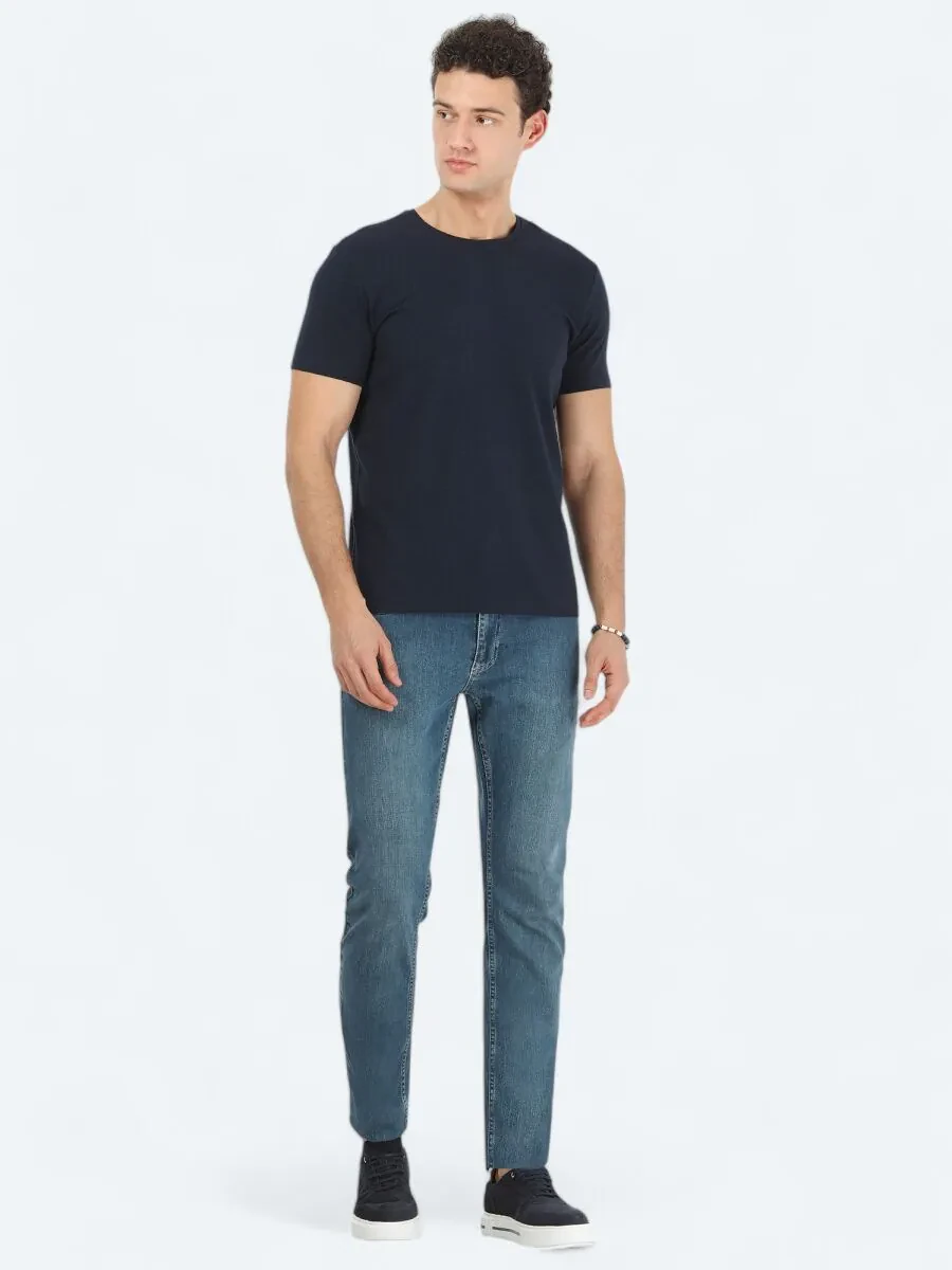Navy Blue Crew Neck Cotton Blended T-Shirt - 2