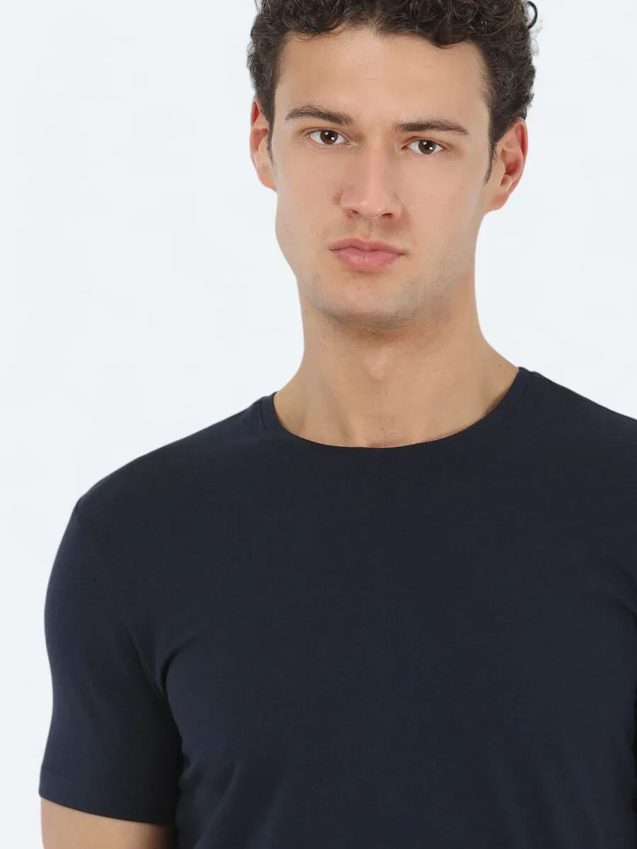 Navy Blue Crew Neck Cotton Blended T-Shirt - 3