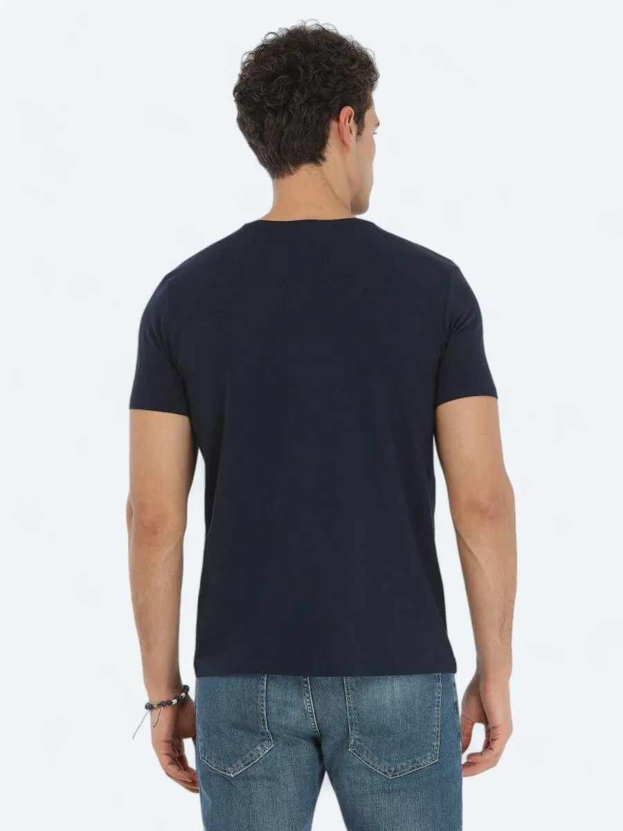 Navy Blue Crew Neck Cotton Blended T-Shirt - 4