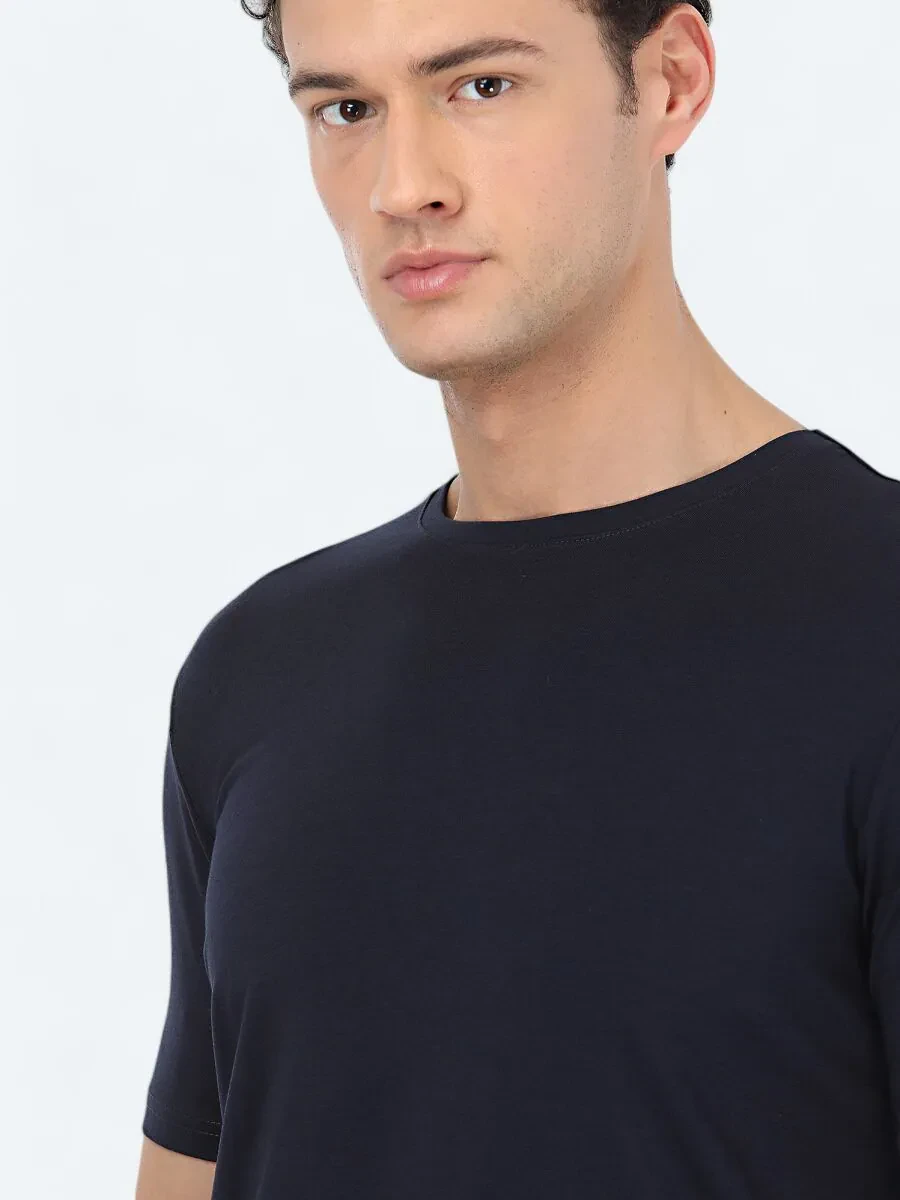 Navy Blue Crew Neck Cotton Blended T-Shirt - 3