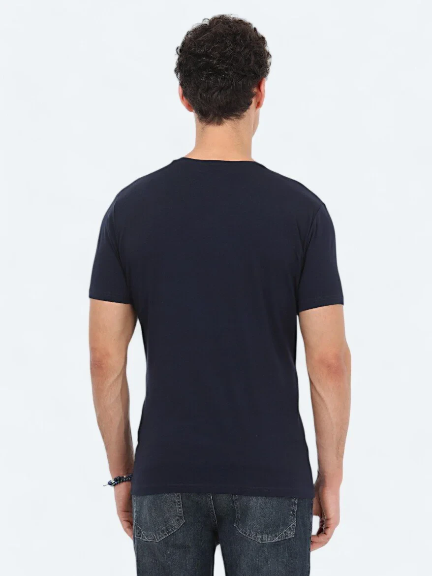 Navy Blue Crew Neck Cotton Blended T-Shirt 