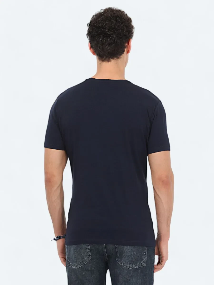 Navy Blue Crew Neck Cotton Blended T-Shirt - 4