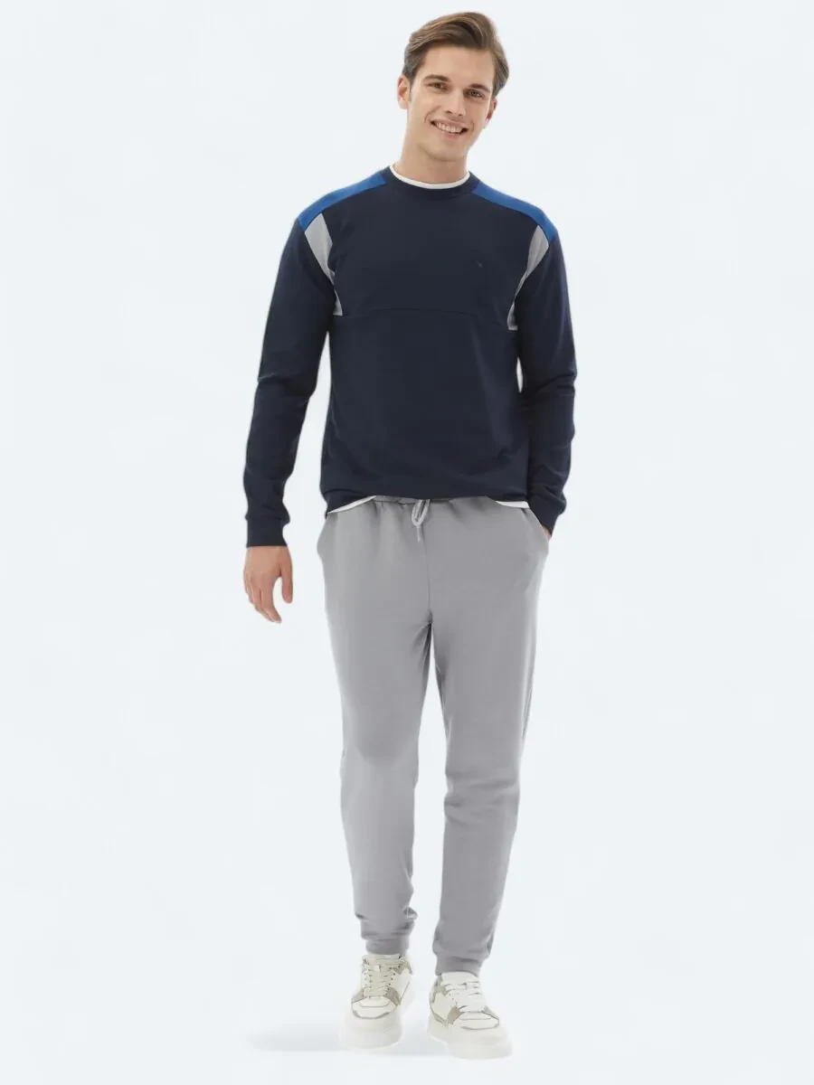 Navy Blue Crew Neck Plain Sweatshirt - 2
