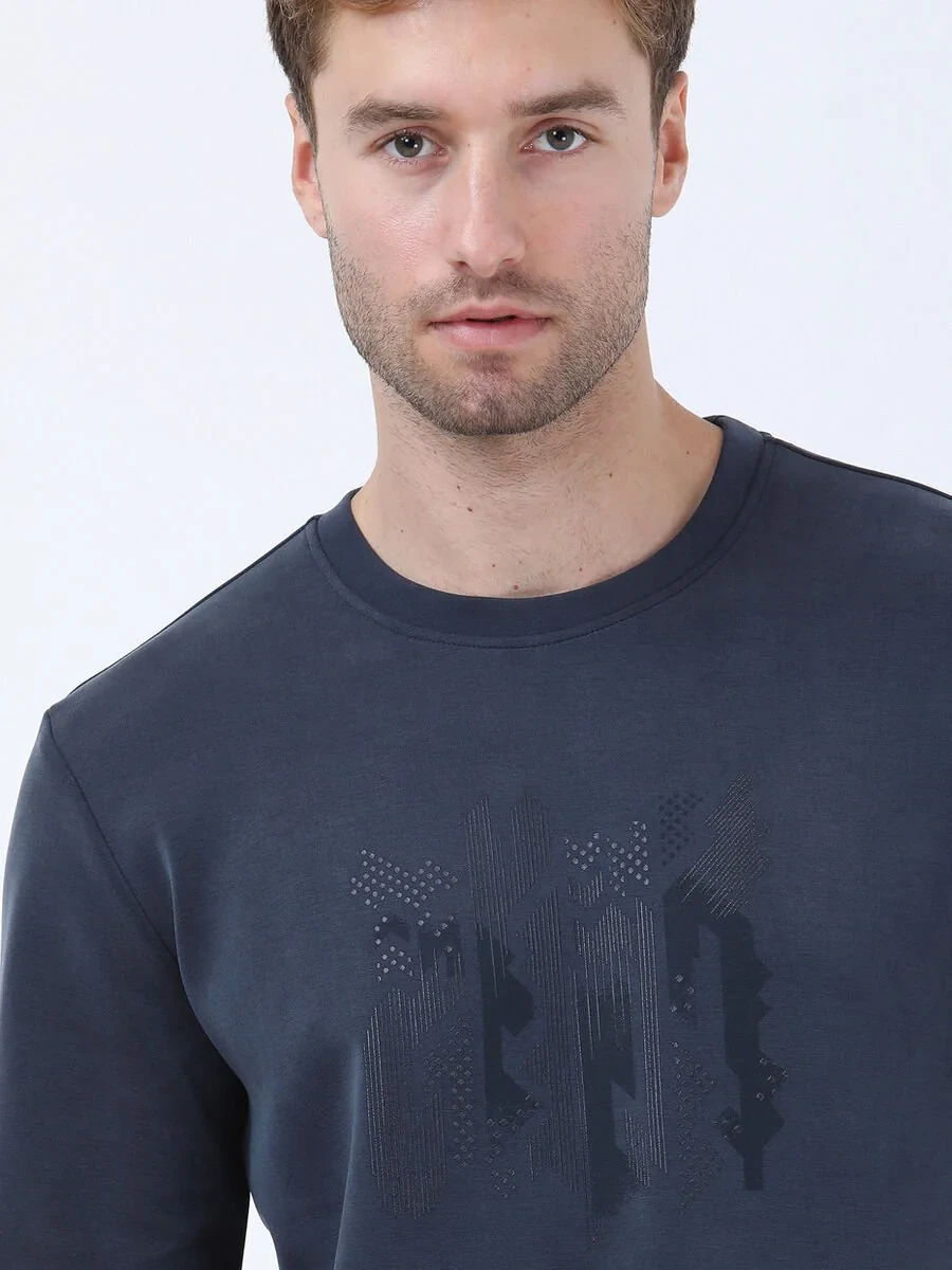 Navy Blue Crew Neck Printed Sweatshirt - 3