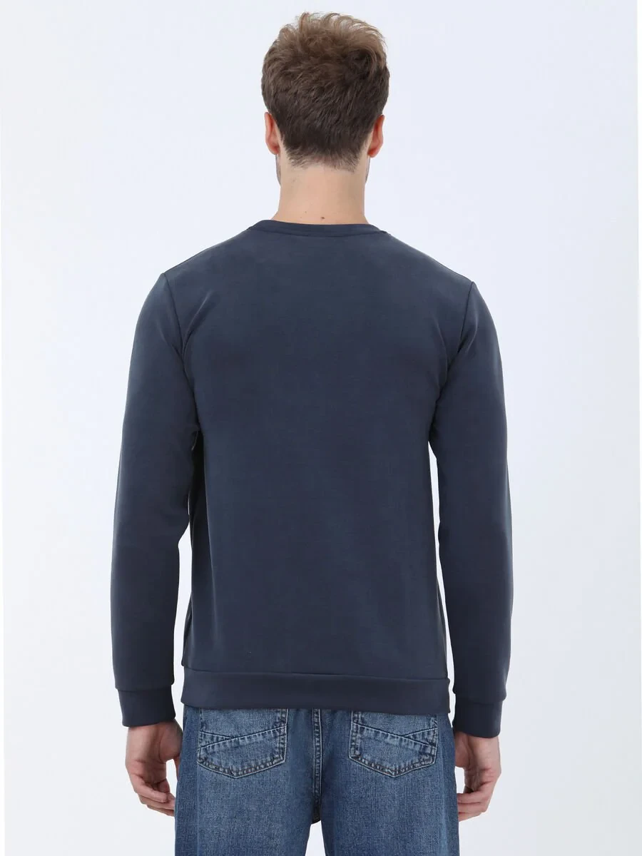 Navy Blue Crew Neck Printed Sweatshirt - 4
