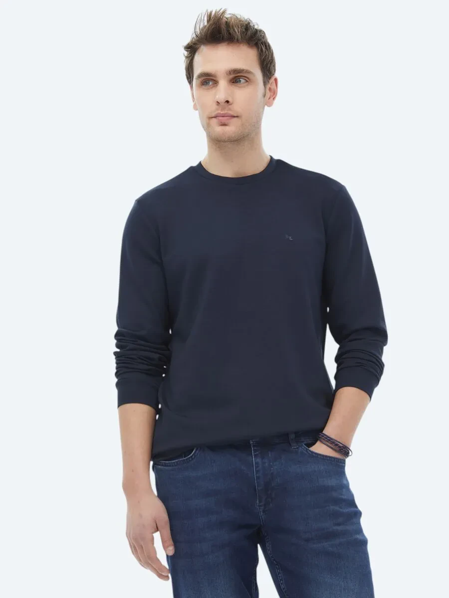 Navy Blue Crew Neck Printed Sweatshirt - 1