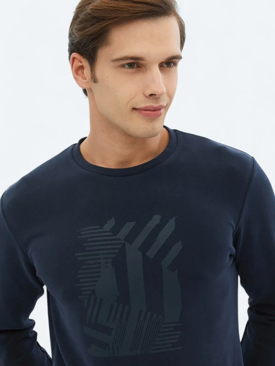 Navy Blue Crew Neck Printed Sweatshirt - 3