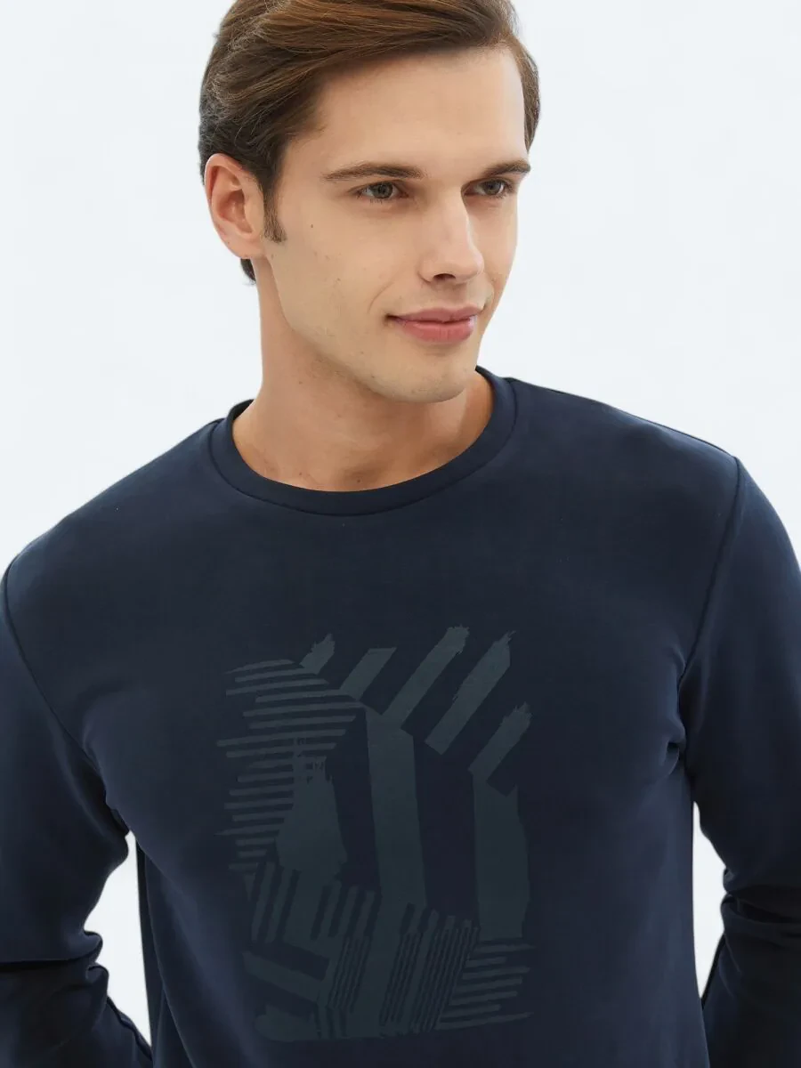 Navy Blue Crew Neck Printed Sweatshirt - 3