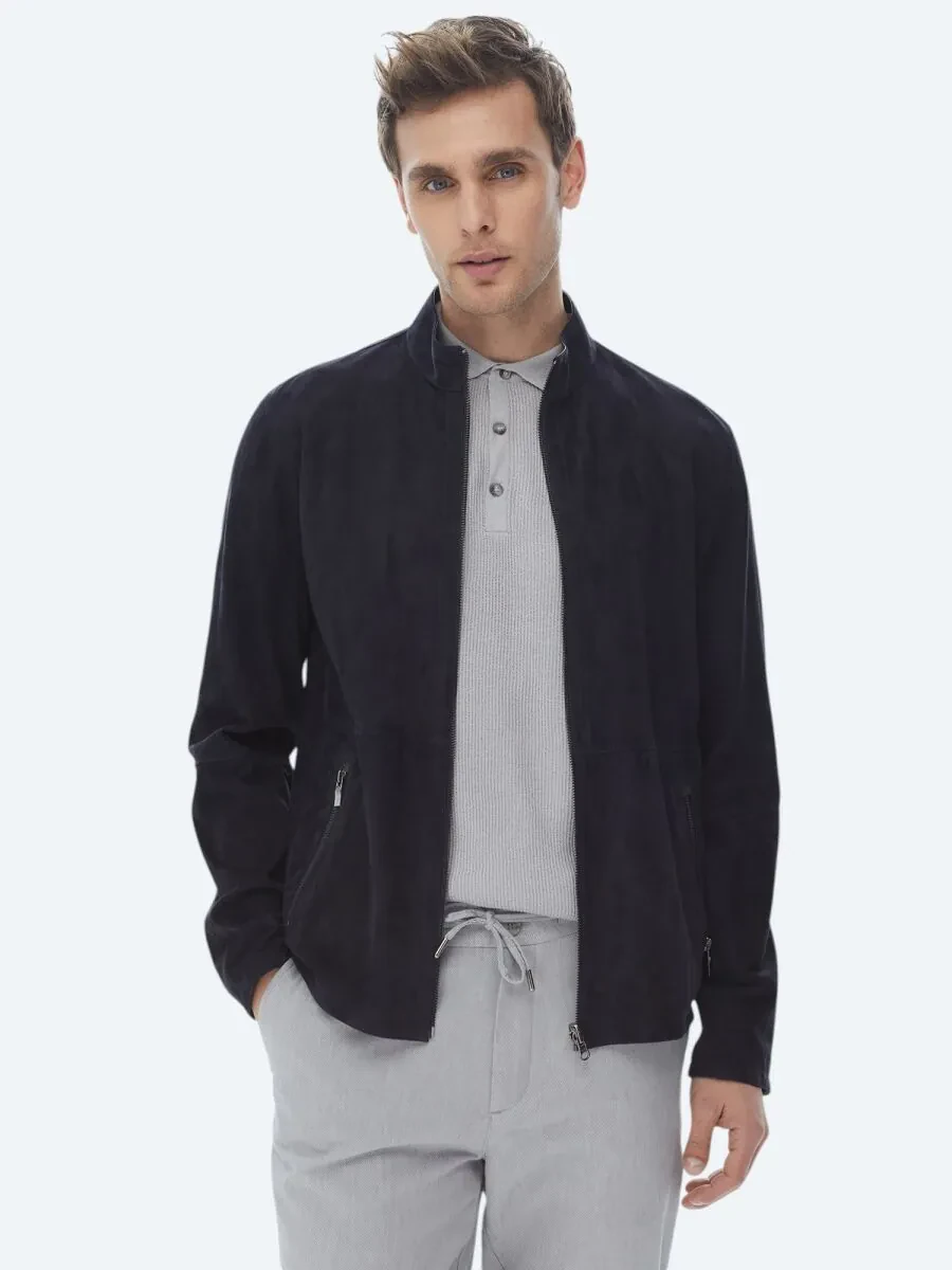 Navy Blue Double-Sided Leather Coat - 1