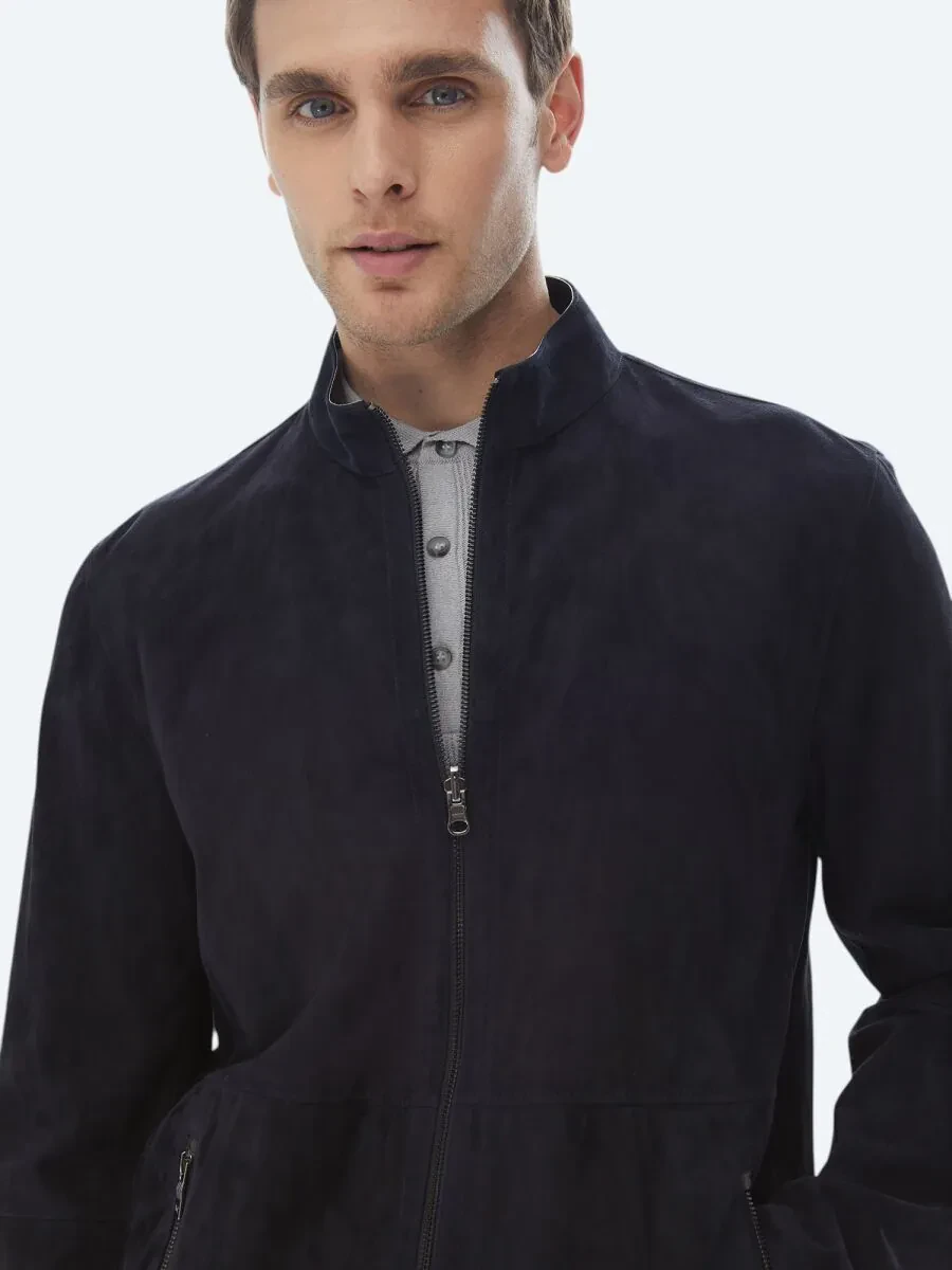 Navy Blue Double-Sided Leather Coat - 2