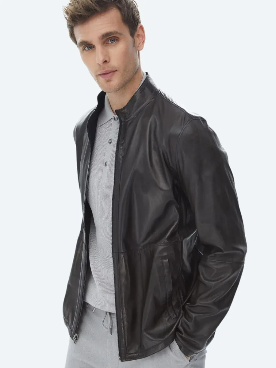 Navy Blue Double-Sided Leather Coat - 3