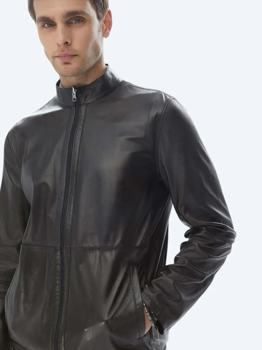 Navy Blue Double-Sided Leather Coat - 4