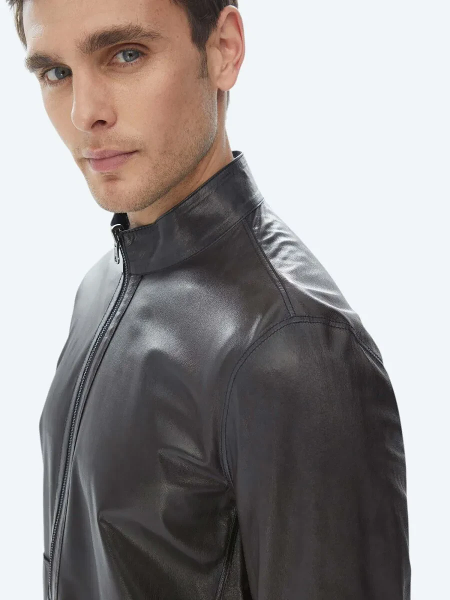 Navy Blue Double-Sided Leather Coat - 6