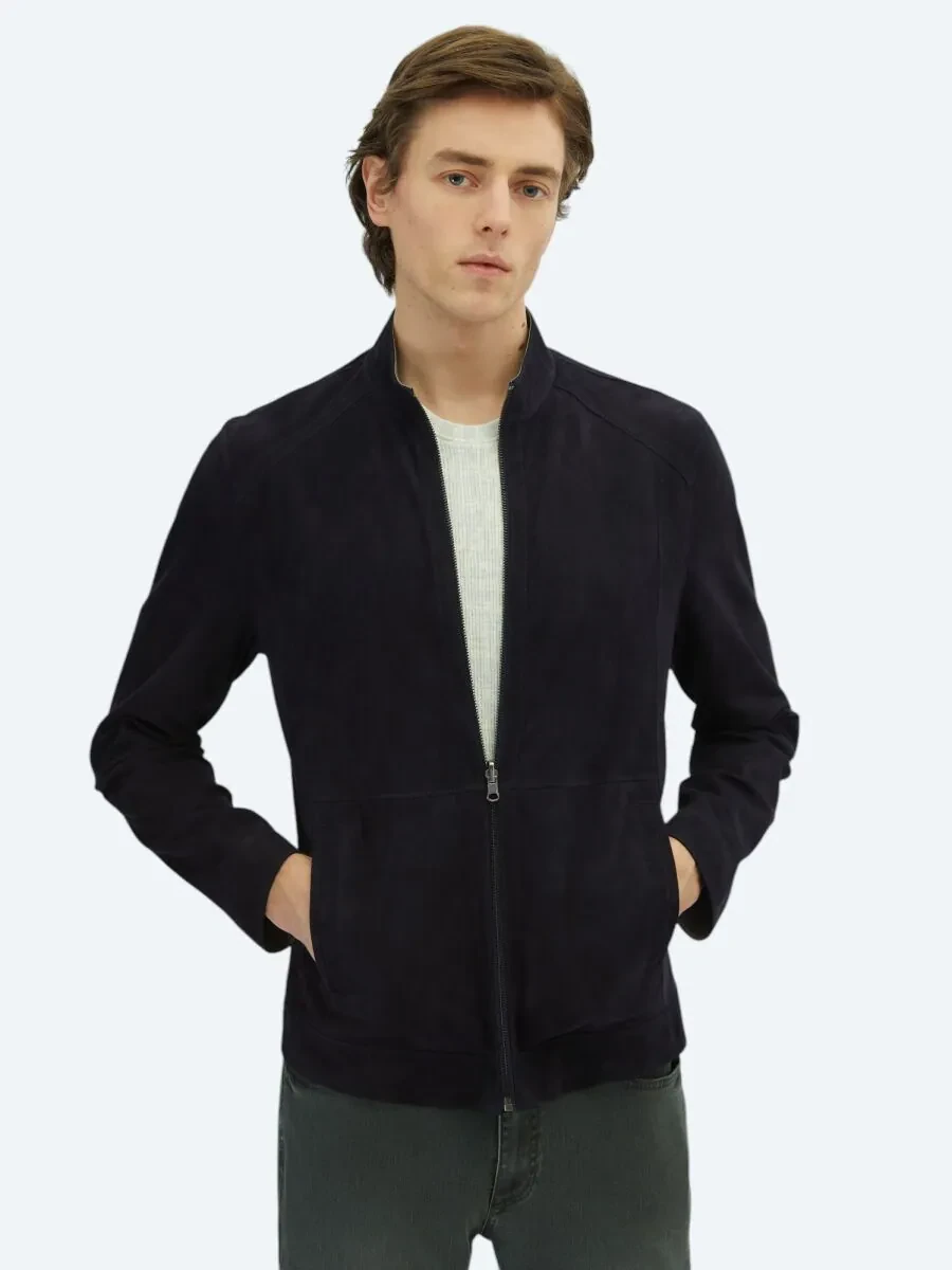 Navy Blue Double-Sided Leather Leather Coat - 1