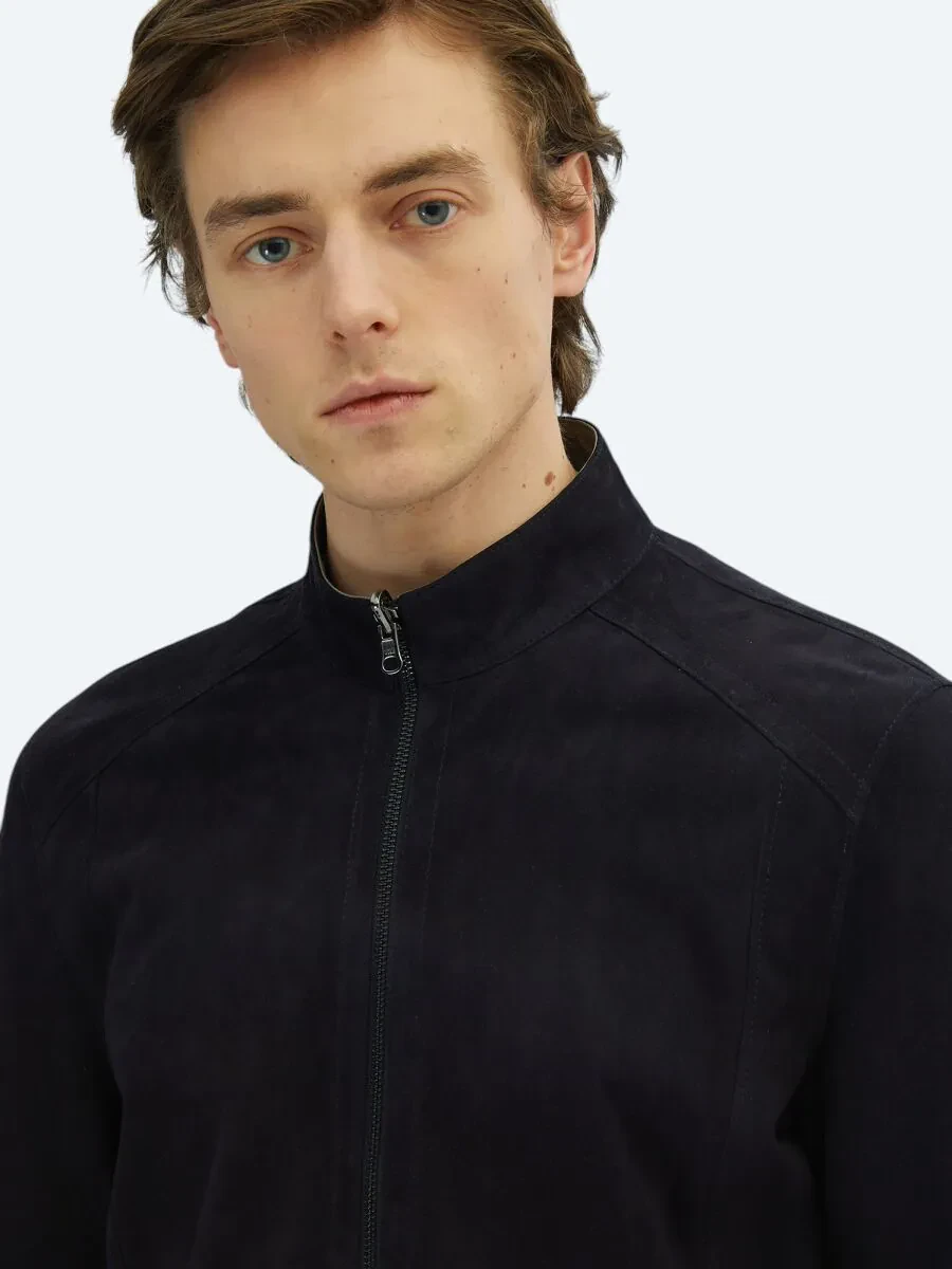 Navy Blue Double-Sided Leather Leather Coat - 4