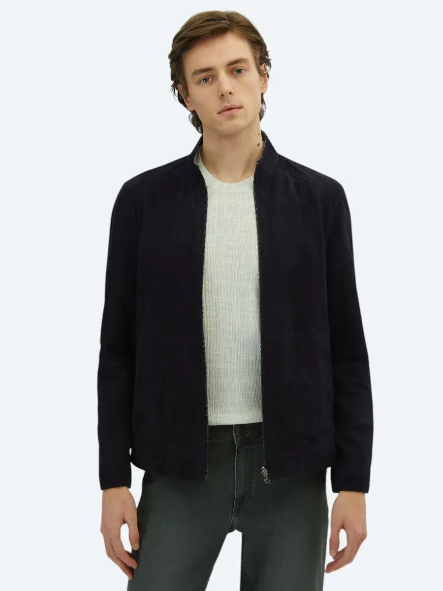 Navy Blue Double-Sided Leather Leather Coat - 5