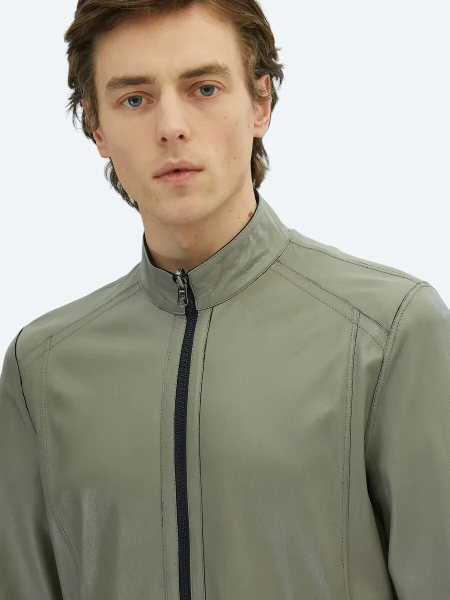 Navy Blue Double-Sided Leather Leather Coat - 6