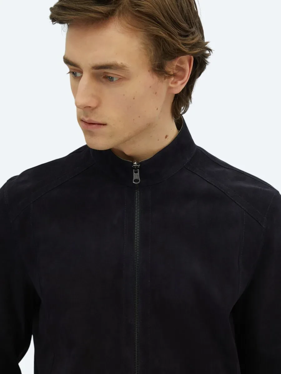 Navy Blue Double-Sided Leather Leather Coat - 7