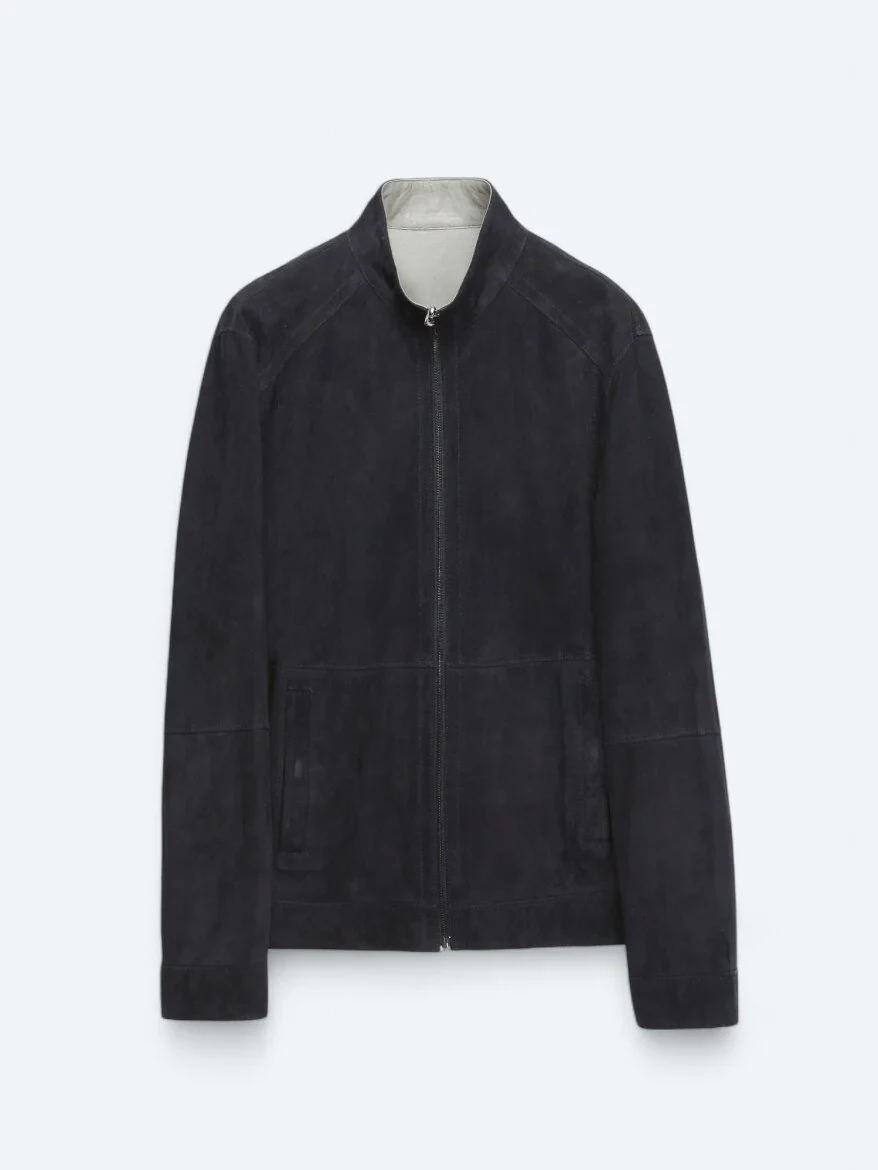 Navy Blue Double-Sided Leather Leather Coat - 12