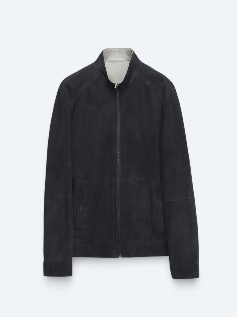Navy Blue Double-Sided Leather Leather Coat - 12