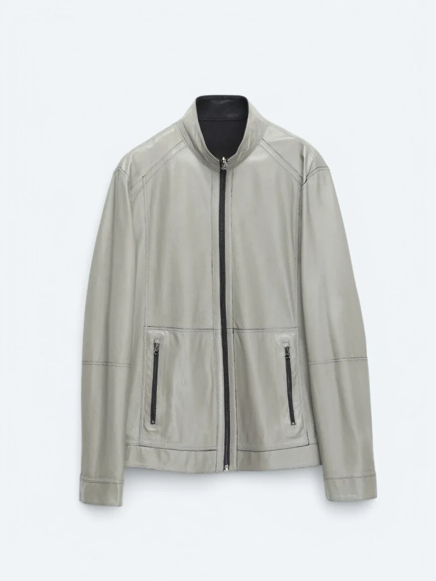 Navy Blue Double-Sided Leather Leather Coat - 13