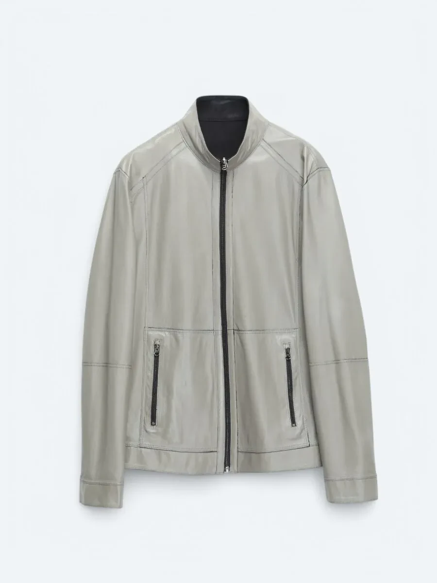 Navy Blue Double-Sided Leather Leather Coat - 13