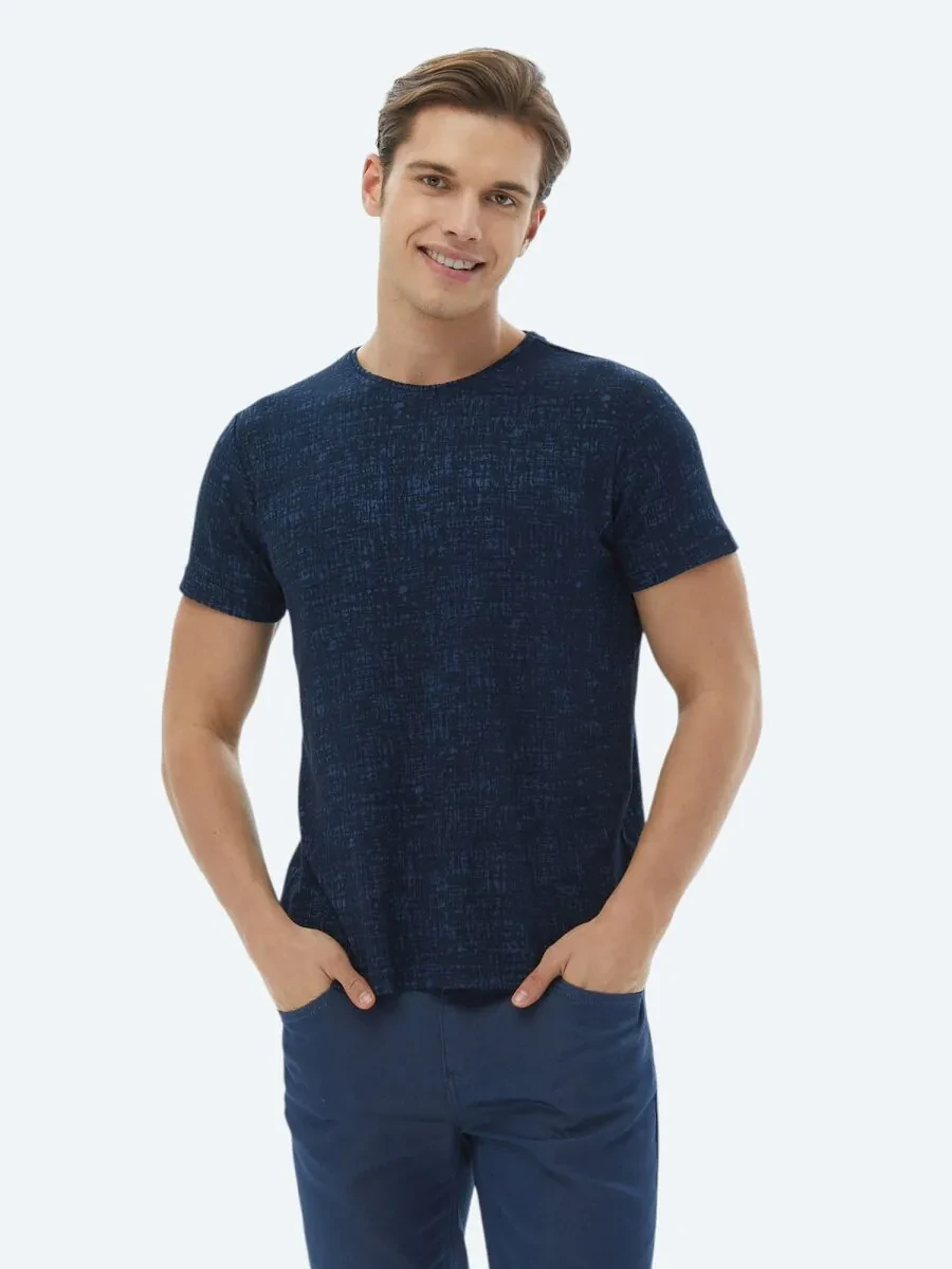 Navy Blue Jacquard Crew Neck Cotton Blended T-Shirt - 1