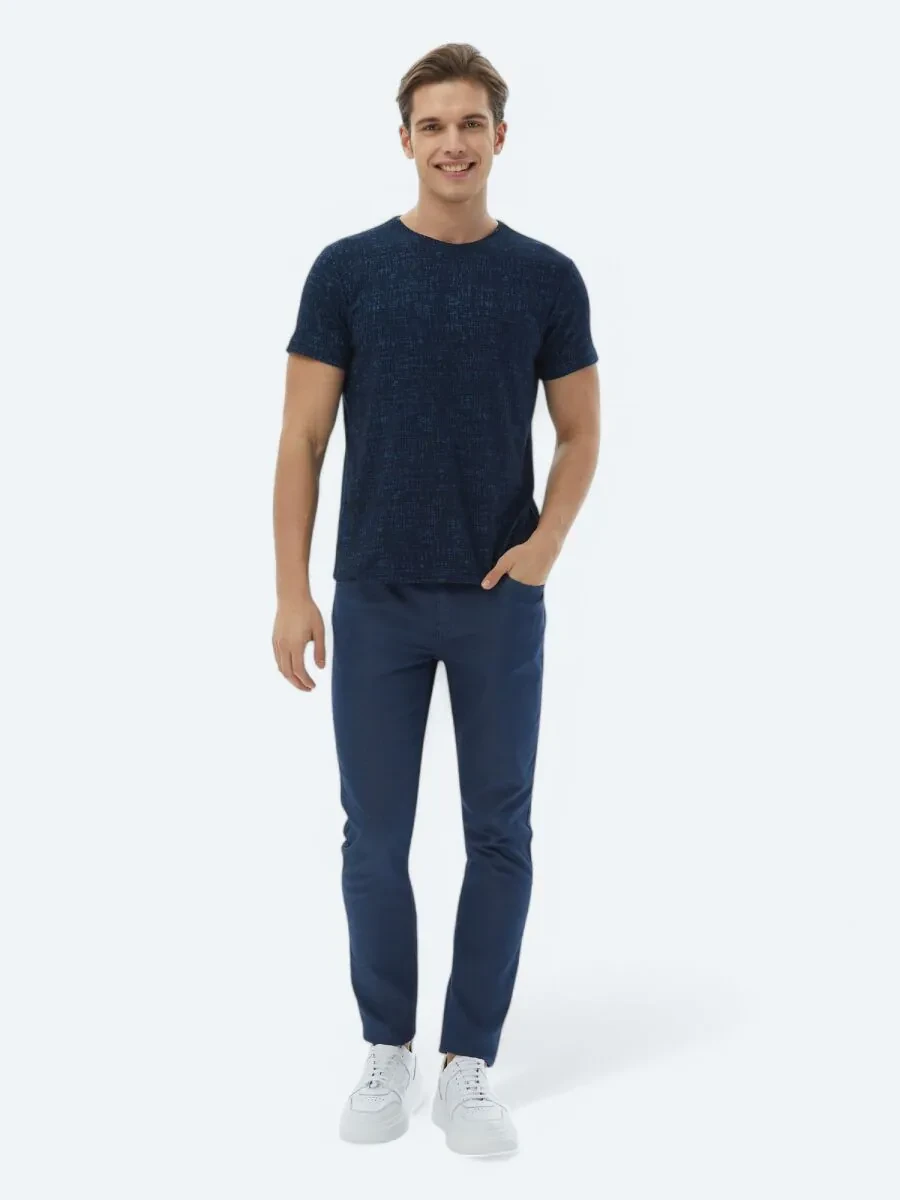 Navy Blue Jacquard Crew Neck Cotton Blended T-Shirt - 2
