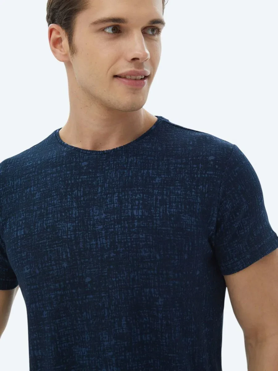 Navy Blue Jacquard Crew Neck Cotton Blended T-Shirt - 3