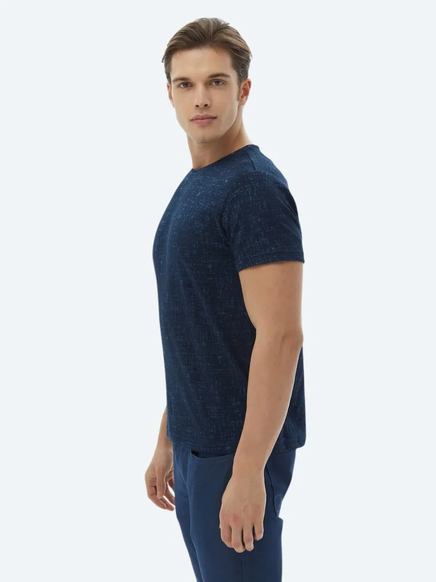 Navy Blue Jacquard Crew Neck Cotton Blended T-Shirt - 4