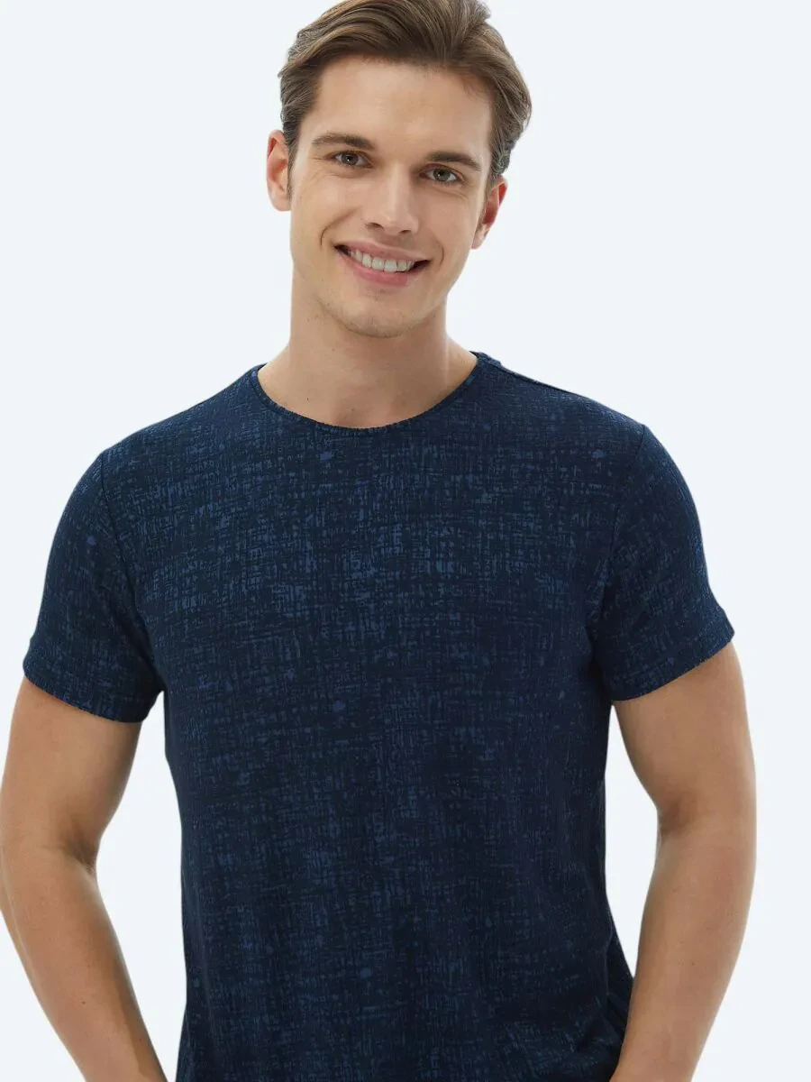 Navy Blue Jacquard Crew Neck Cotton Blended T-Shirt - 5