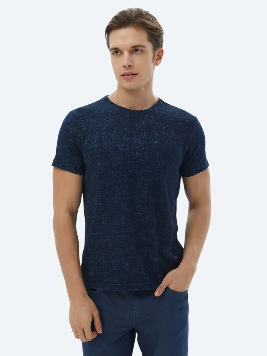 Navy Blue Jacquard Crew Neck Cotton Blended T-Shirt - 6