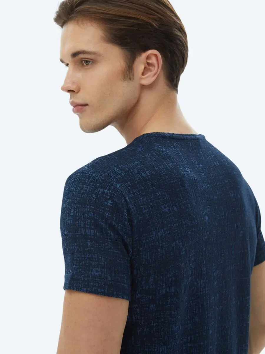 Navy Blue Jacquard Crew Neck Cotton Blended T-Shirt - 7