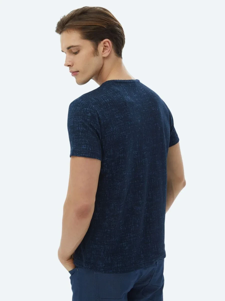 Navy Blue Jacquard Crew Neck Cotton Blended T-Shirt - 8