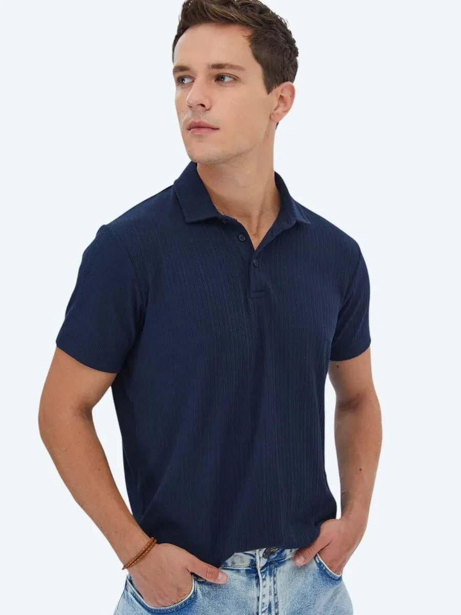 Navy Blue Jacquard Polo Neck Cotton Blended T-Shirt - 3