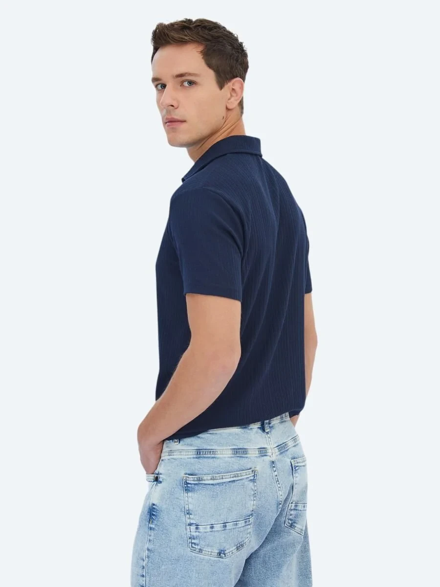 Navy Blue Jacquard Polo Neck Cotton Blended T-Shirt - 5
