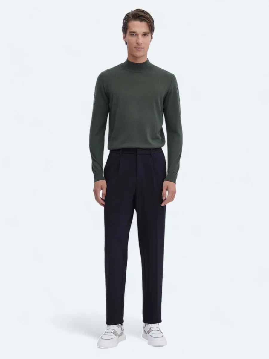 Navy Blue Knitting Carrot Fit Casual Trousers - 1
